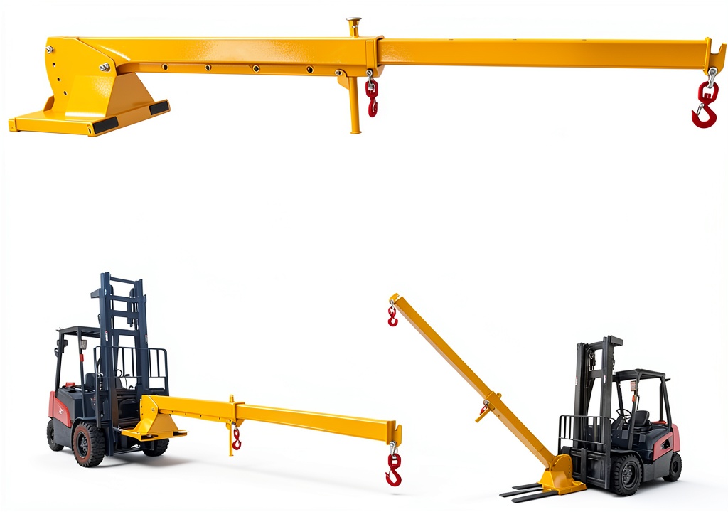 Yokoma jib crane attached to a forklift in a warehouse setting